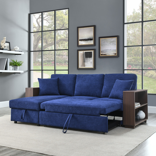 EYIW Sectional Sofa with Pulled Out Bed, 2 Seats Sofa and Reversible Chaise with Storage, MDF Shelf Armrest, Two Pillows