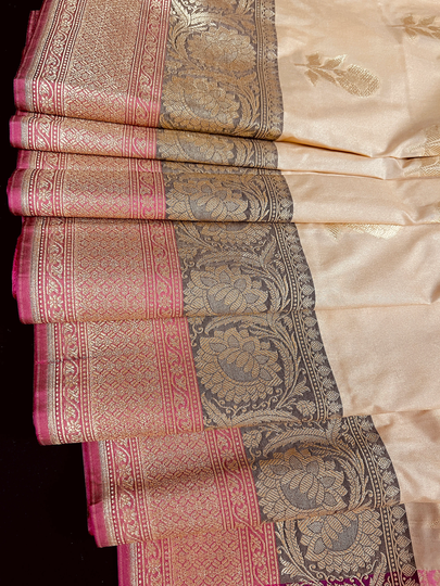 Light Brown/ Cafe Latte Color With Pink Combination Traditional Semi Silk Banarasi Saree Floral Design | Kaash Collection