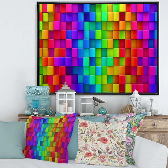 Designart 'Rainbow Of Abstract Colorful Blocks' Patterned Framed Canvas Wall Art Print