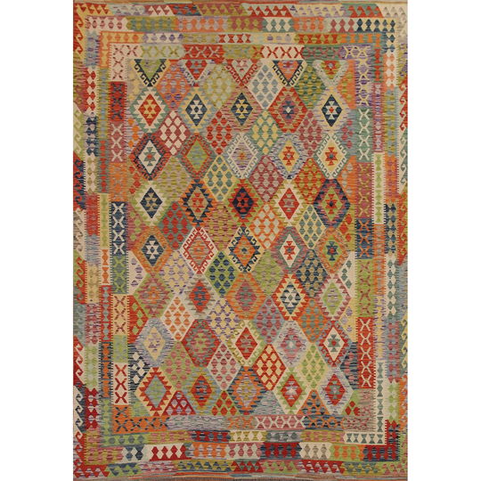 Geometric Reversible Kilim Area Rug Flat-weave Multi-Color Wool Carpet - 10'3"x 12'6"
