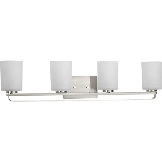 League Collection Four-Light Brushed Nickel and Etched Glass Modern Farmhouse Bath Vanity Light - 32.5 in x 5.5 in x 7.62 in