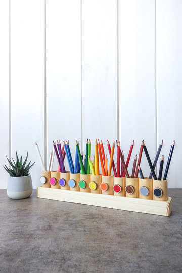 Montessori Wood Pencil Holder, Color Sorting, Practical Life, Toddler Gift, Adult Coloring Desc Organizer