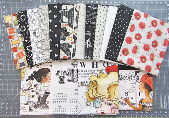 3 Panels + 13 Yards Retired Best Of She Who Sews One Yard Bundle Black J. Wecker Frisch Main Calendar Pin Cushion Shop Signs Factory Cut