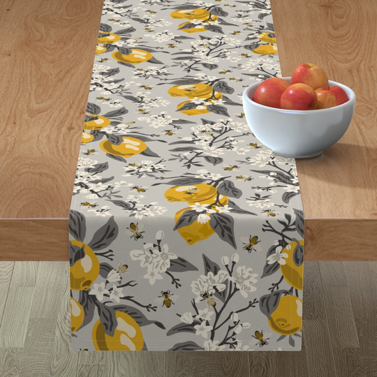 Gray Citrus Table Runner - Bees & Lemons Grey By Fernlesliestudio Botanical Farmhouse Lemon Cotton Sateen Spoonflower