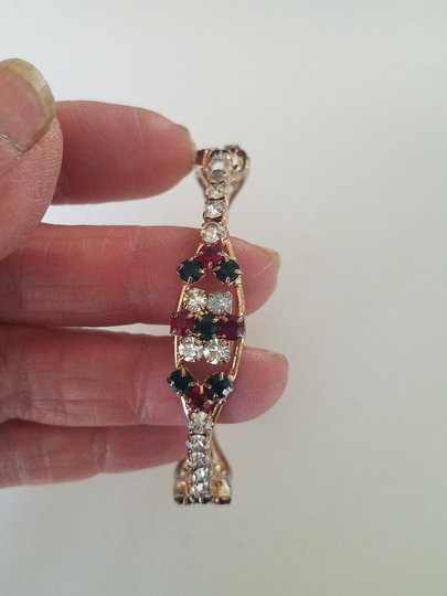 Vintage Xmas Colored Rhinestones & Metal Bracelet, Stackable, Prong Set Stones, Gold Tone Base Metal, Hollywood Glam Colorful Bangle, Chic