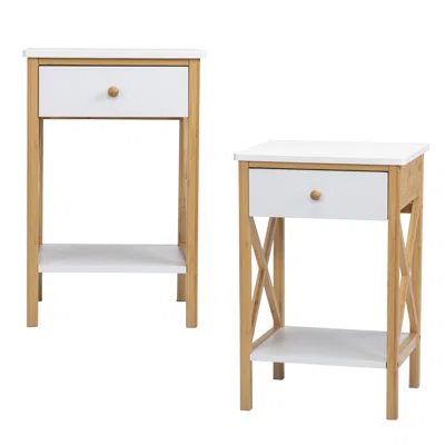 Bamboo Nightstand, Wood End Table with Drawer, Storage Shelf, X-Shape Frame (Set of 2)