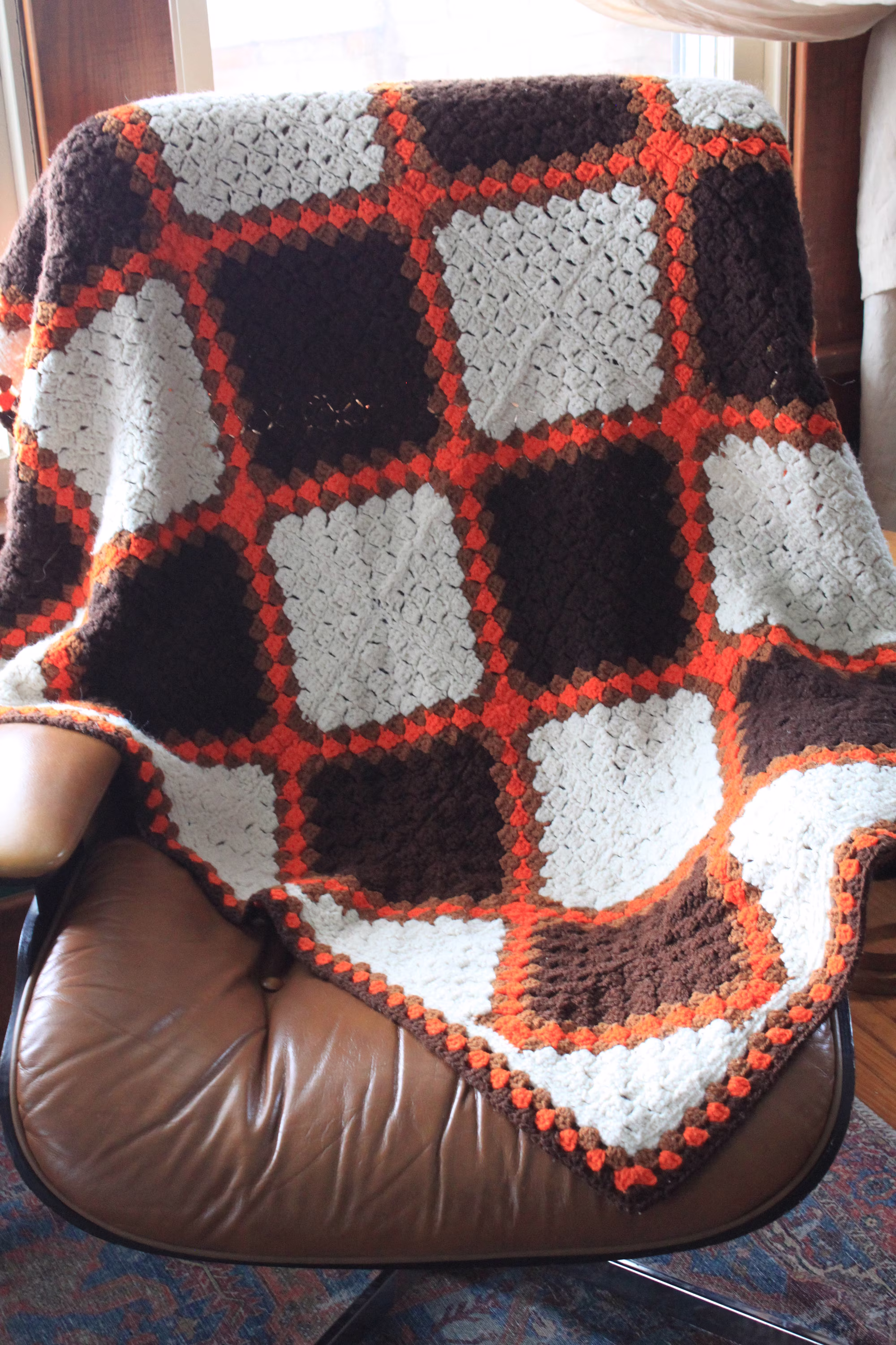 Retro Afghan Throw For Vintage Chair Decor. Crochet Large Squares, Brown, White, Orange Border, Grandmacore Decor, Housewarming Hostess Gift