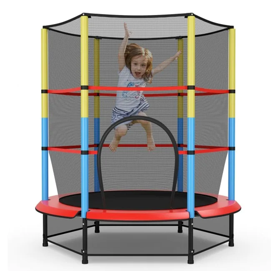 55 Inches Kids Trampoline Recreational Bounce Jumper with Safety Enclosure Net - Multi Color - 55" x 63.5" (D x H)