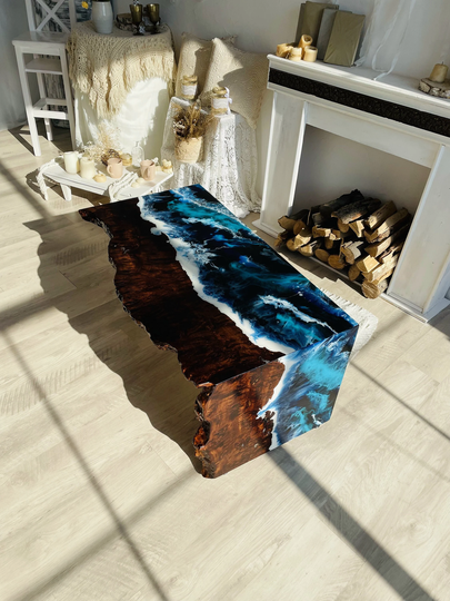 Ocean Wave Resin Table, Epoxy Custom Order Din Live Edge Coffee Sea Table