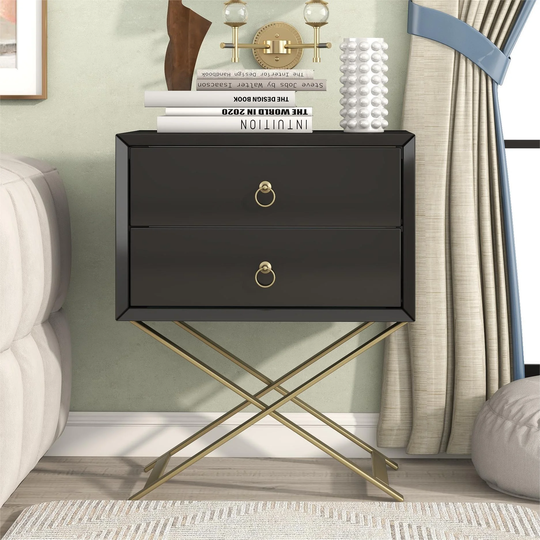 Modern Wood Nightstand with 2 Drawers & Golden Metal Frame
