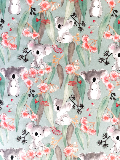 Baby Aussie Koala & Gum Flora Mint Green Quilting Cotton Fabric By 1/2 Yard Or Fat Quarter, Australian Native Bush Animal Floral