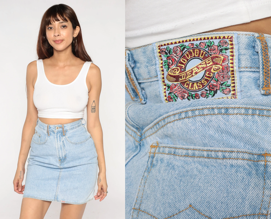 90S Jean Skirt Denim Mini Retro Light Wash Blue Pencil High Waist Rise 80S Normcore Boho Vintage 1990S Joujou Small 27