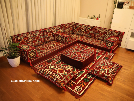 L Shape Majlis Sofa, Ottoman Sofa Set, Dark Red Cushion Arabic Turkish Home Decor, Majlis, Oriental Custom Order