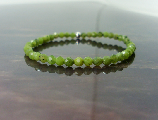 Dainty Canadian Green Jade Faceted Bracelet 4mm + Sterling Silver Bead, Natural Gemstone Stretch Beaded For Women Girl Gift Bag