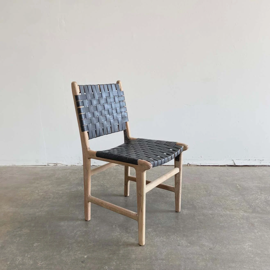 Teak Wood & Black Vintage Leather Woven Strap Dining Chairs