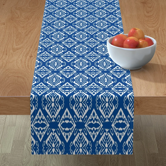 Cobalt Blue Ikat Table Runner - Diamond By Serendipity Textiles Boho Bold Graphic Cotton Sateen Spoonflower