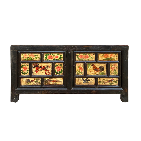 Distressed Brown Iron Hardware Beige Graphics Sideboard Table Cabinet Cs7183E