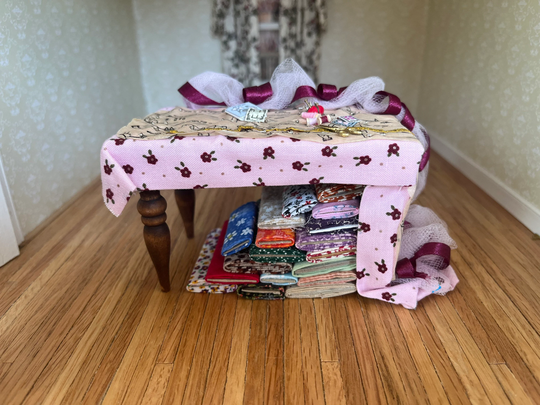 Dollhouse Miniatures ~ Shadow Box Betty Jo Chudy Table With Pink Fabric Sewing