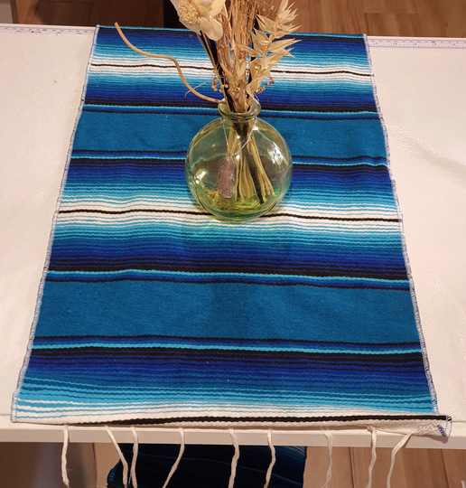 Authentic Serape 7.7Ft, Blue, Table Runner, Woven, Turquoise, Mexican Decor