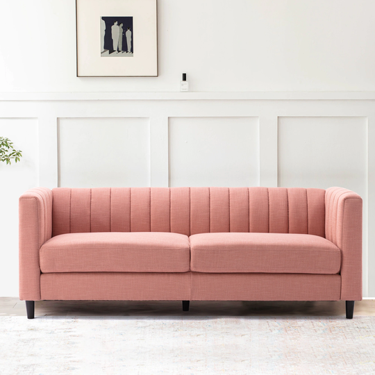 Triple Sofa With Wooden Base, Solid Wood Frame Construction, Breathable Linen Fabric, Oak Sofa Foot, Office Room, Balcony