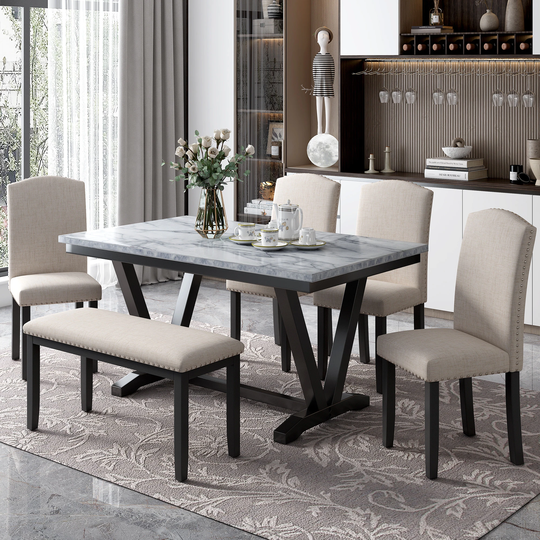 6-piece Dining Table Set with 4 Chairs and 1 Bench, Table with Marble Veneers Tabletop and V-shaped Table Legs