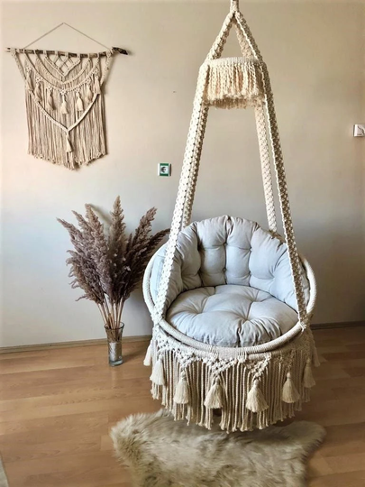 Macrame Hanging Chair, Round Swing, Cotton Hammock Swing Handmade