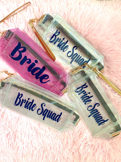 Personalized Water Resistant Bag, Glitter Cosmetic Sparkly Makeup Shiny Pencil Pouch, Pink Mint Blue Clear Bag