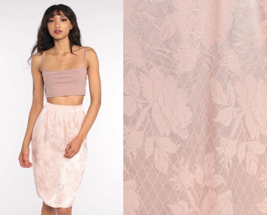 Floral Midi Skirt 80S Baby Pink Embossed High Waisted Wiggle Pencil Pastel Secretary 1980S Boho Vintage Bohemian Small S