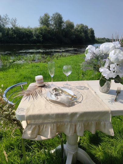 Linen Table Runner With Ruffle, Sand Tablecloth, Washed Soft Linentable Cloth