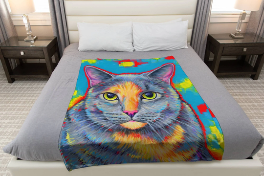 Colorful Cute Rainbow Dilute Tortoiseshell Cat Pop Art Plush Fleece Minky Throw Blanket