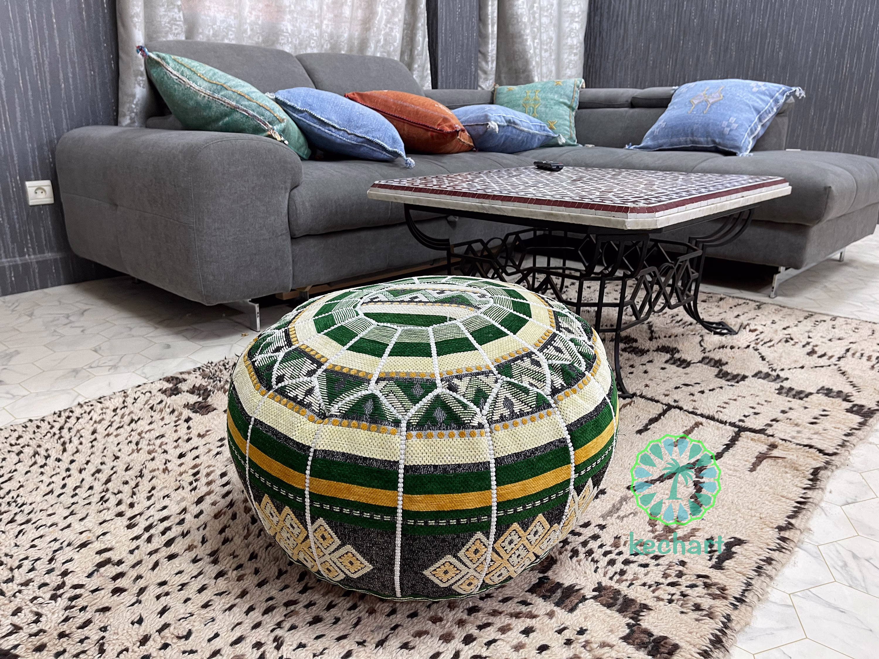Kechart - Green Round Moroccan Pouf, Floor Ottoman, Pouf Cover, Home Decor, Genuine Leather, Tissue, Chairs & Ottomans, Cushion, Footstool