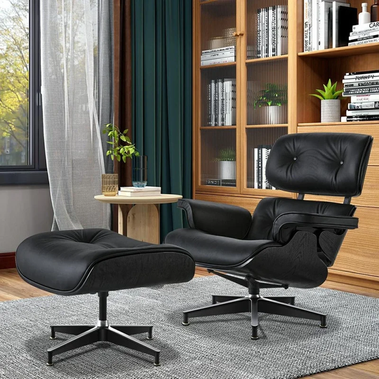 Mid-Century Real Leather Upholstered Lounge Chair&Ottoman Set