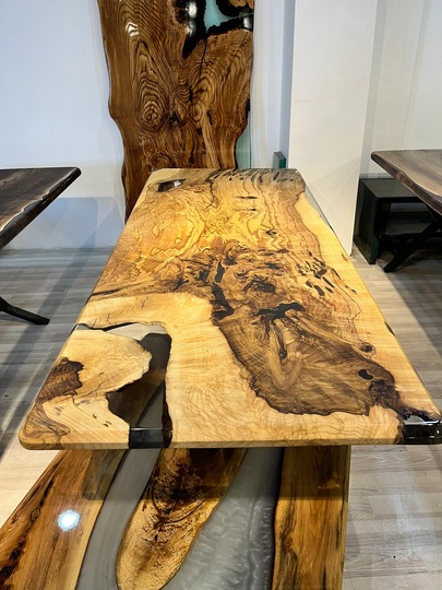 Epoxy Table, Custom Resin Clear Dining Live Edge Table With Less Epoxy, Single Slab Light Wood