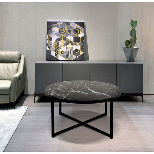Cross Legs Glass Coffee Table With Metal Base, Marble Black Color Top,Coffee, Console, Sofa & End Tables