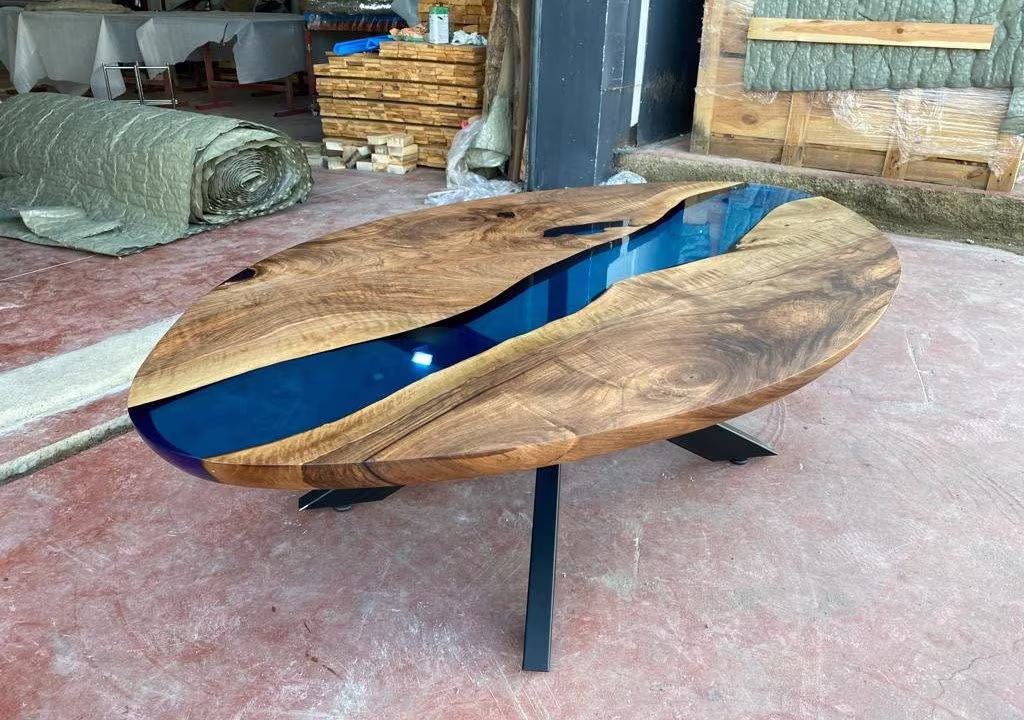 Oval Dining Table - Epoxy Walnut Wood Transparent Blue %100 Handmade Office Coffee