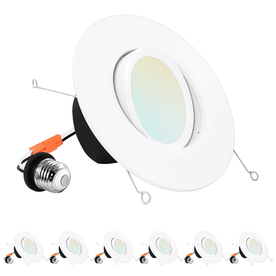 Luxrite 5/6" Gimbal LED Recessed Can Lights, 11W=90W, 5 Color Selectable, Dimmable, 1100 Lumens, Wet Rated, ETL, 6 Pack