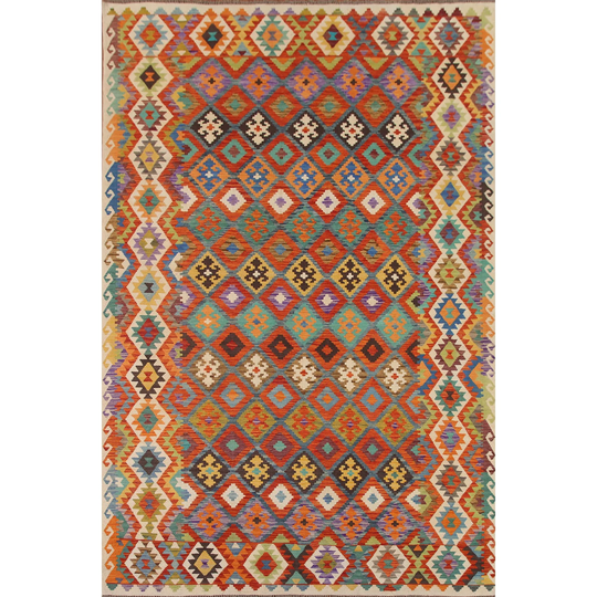 Geometric Kilim Area Rug Hand-woven Multi-Color Reversible Wool Carpet - 8'4" x 11'4"