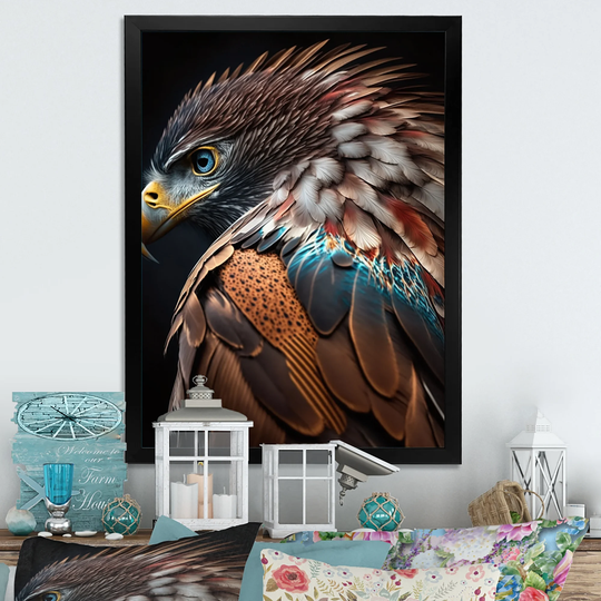 Designart 'Macro Colorful Feather Eagle III' Animals Framed Art Print