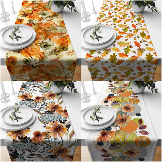 Fall Trend Table Runner|Dry Flowers & Leaves Runner|Autumn Home Decor|Farmhouse Style Top|Housewarming Themed Tablecloth