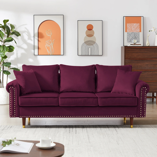 EYIW Velvet Upholstered 3-Seat Sofa with 2 Pillows, Padded Seat and Cushions, Sofa with Wood Leg and Nailhead Trim
