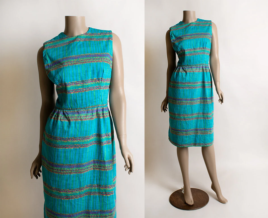 Vintage 1960S Wiggle Dress - Turquoise Teal Blue Watercolor Print Sleeveless Pencil Skirt Purple Green Yellow Small Medium