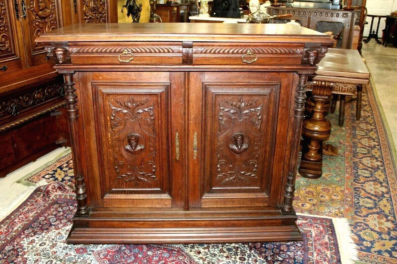 French Antique Oak Renaissance Sideboard Cabinet/Buffet Console Table