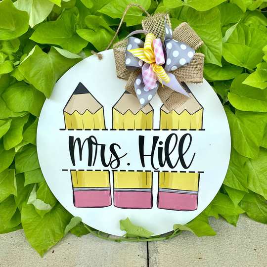 Teacher Door Hanger - Pencil Personalized Classroom Name Wall Hanging Gift For
