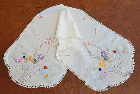 Flower Basket Table Runner Or Bureau Scarf, Hand Embroidered Pastels On White Linen Crocheted Trim 43" X 13" Excellent Unused Vintage Condtn