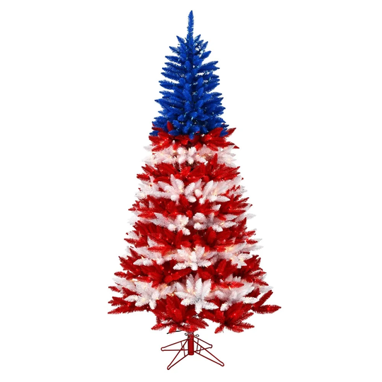 Vickerman 6.5' x 42" Centennial Pine Artificial Christmas Pencil Tree, Red, Clear, and Blue Incandescent Mini Lights