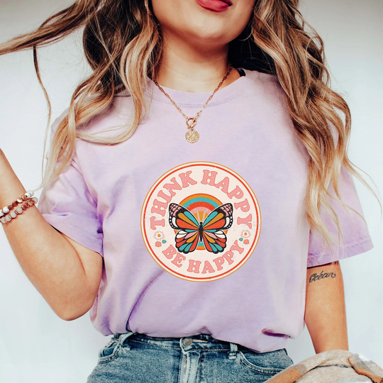 Comfort Colors Boho Shirt, Think Happy Be Butterfly Comfy Oversized Celestial Aesthetic Vintage Tee