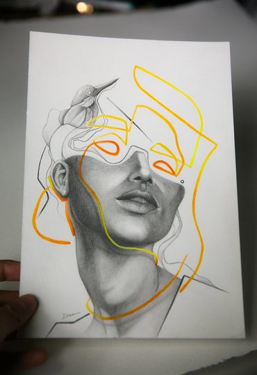 Original Art | Pencil Graphite Drawing Contemporary Portrait Avant Garde Rare Unique Fashion