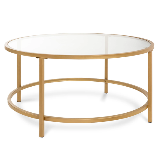 36in Round Tempered Glass Coffee Table for Home, Living Room, Dining Room w/ Satin Trim - Gold