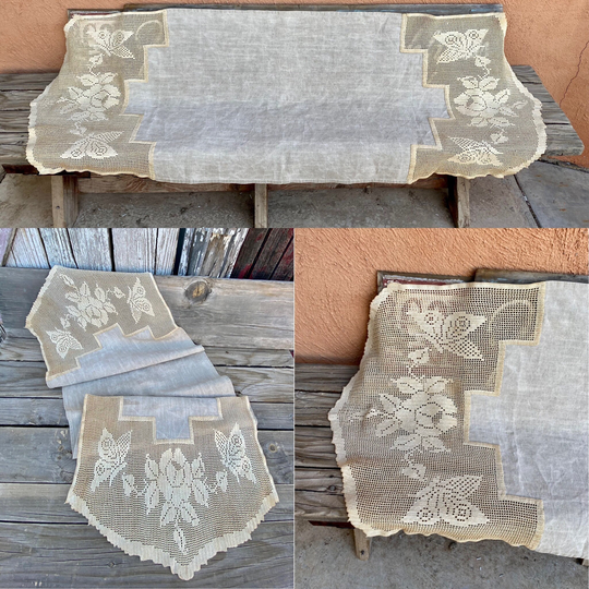Antique 1920S Ecru Beige Linen Table Runner Butterfly N Roses Crochet Border 62" X 22"