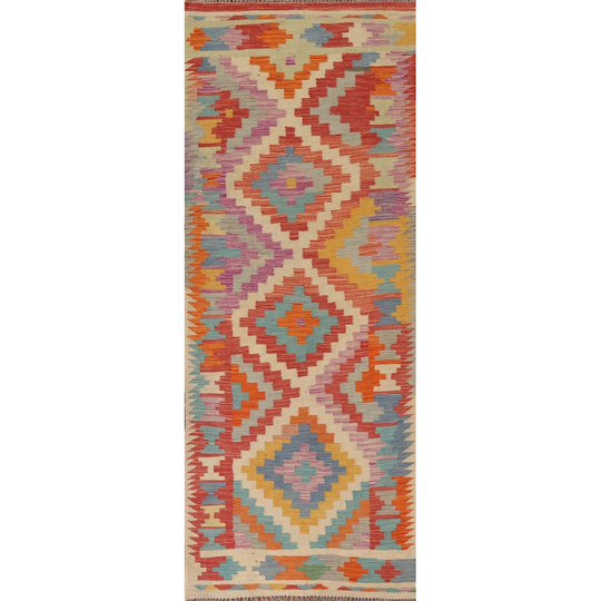 Colorful Kilim Reversible Runner Rug Flat-weave Geometric Wool Carpet - 2'10"x 8'0"